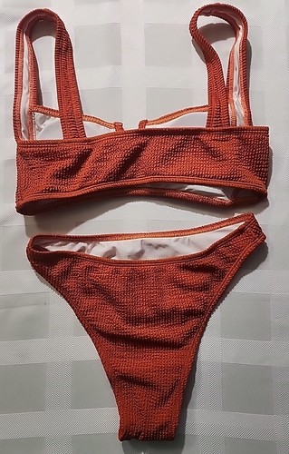 Größe L Bikini hoch geschnitten wattiert Badeanzug Zweiteiler Bandeau gerippt - Bild 2 von 2