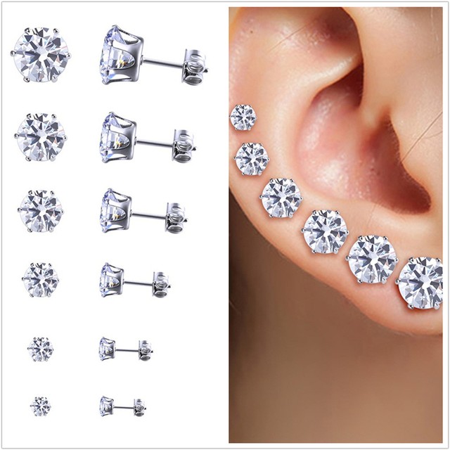 14K Rose Gold Finish CZ Stud Earrings Clear Blue CZ Stud Ear Stud 4mm To 8mm