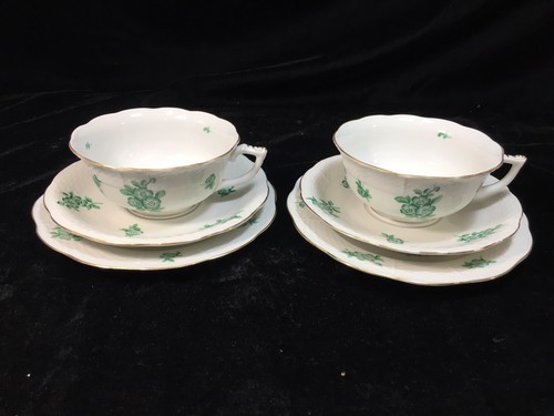 (2) Herend 'GREEN FLOWERS' TEA TRIO - Teacup, Saucer, Plate - Pattern #HER63 - Picture 8 of 12