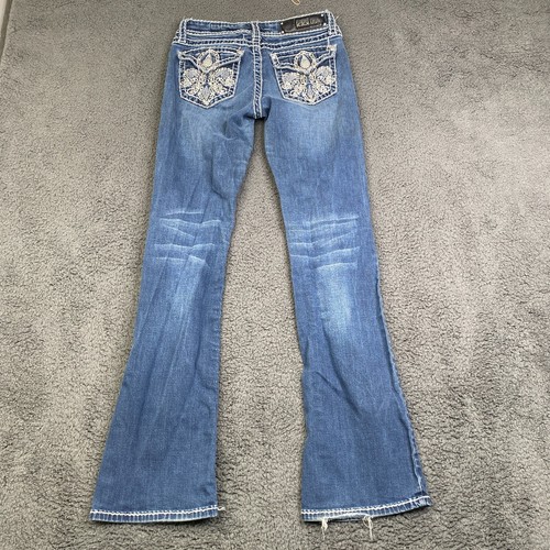 LA IDOL Jeans Sz 5 Flap Fleur pocket Bling Dark wash Bootcut Designer (26x31.5) - Picture 11 of 12