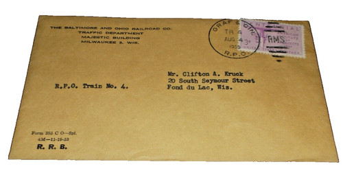 1958 BALTIMORE & OHIO RAILROAD USED COMPANY ENVELOPE GRAFTON & CINCINNATI RPO 