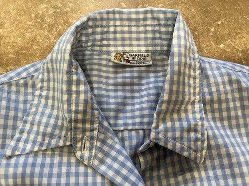 Vintage Garfield & Odie Embroidered Paws Button Up Shirt Blue Gingham 90s XS - Picture 3 of 11