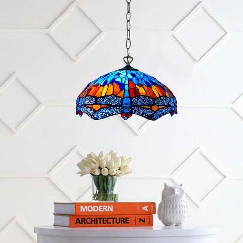 Tiffany Blue Dragonfly Style Pendant Lamp 16 inch Stained Glass Shade Home - Picture 3 of 21