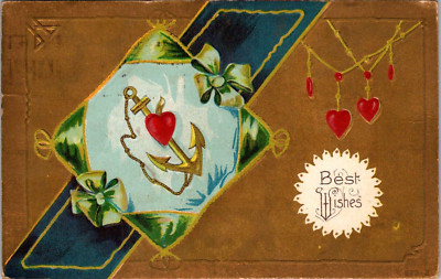 Best Wishes Pillow Anchor Hearts Gold Background c1910s Postcard A81