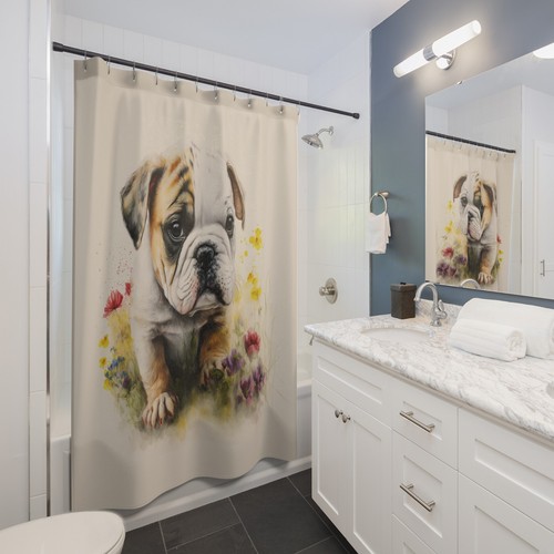 Bulldog Cachorro Toro Perro Floral Acuarela Arte #2 Cortina de Ducha Estándar de Baño - Imagen 2 de 5