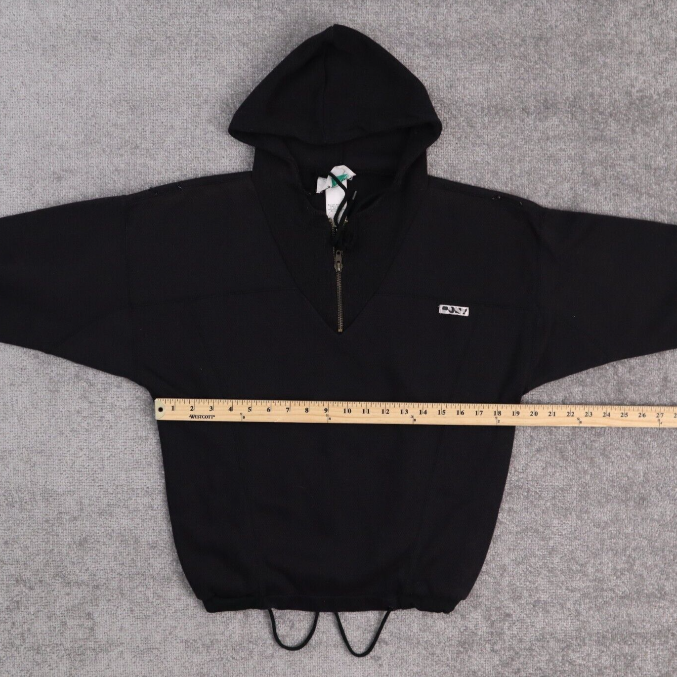 Felpa con cappuccio pullover vintage anni 80 PONY media tinta unita nera 1 4 zip manica lunga