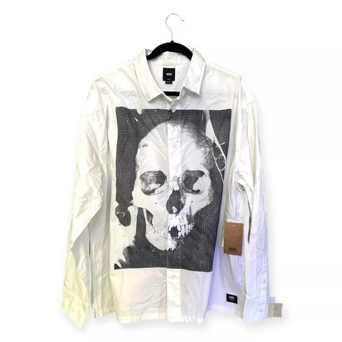 Vans Edgar Woven Ls White Mens Long Sleeve Button Shirt With Skull - Picture 2 of 8