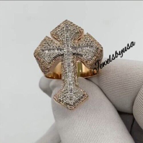 Mens 2.5Ct VVS Moissanite Customize Cross Ring Rose Gold Plated Silver Free Gift - Picture 8 of 12