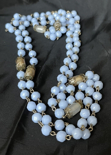 Vintage Long Flapper Necklace Blue Faceted Glass & Iridescent Beads Accent 54" - Picture 3 of 9