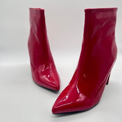 Allegra K Ankle Boots Womens Red Block Heel Pointed Toe Patent