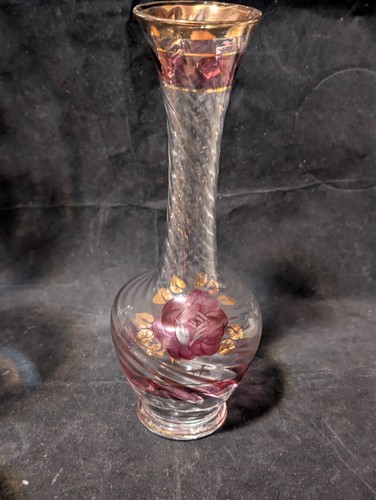 Vintage Hand Painted Bohemia/Czech Glass Bud Vase Cranberry flash & Gold trim