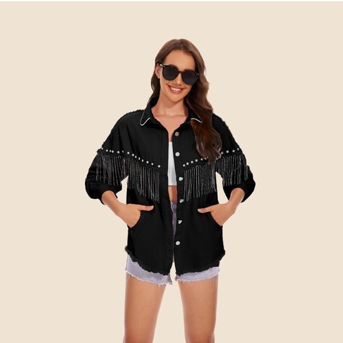Women Denim Coat Jacket Top Rivet Tassel Jean Trucker Cowgirl Loose Casual - Picture 11 of 21