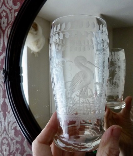 3x Antique Etched Glass Lemonade Glasses with Bird, h13,6cm - Picture 2 of 11