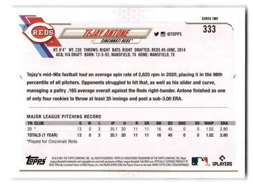 Tejay Antone 2021 Topps Baseball #333 Cincinnati Reds Rookie RC - Picture 2 of 2