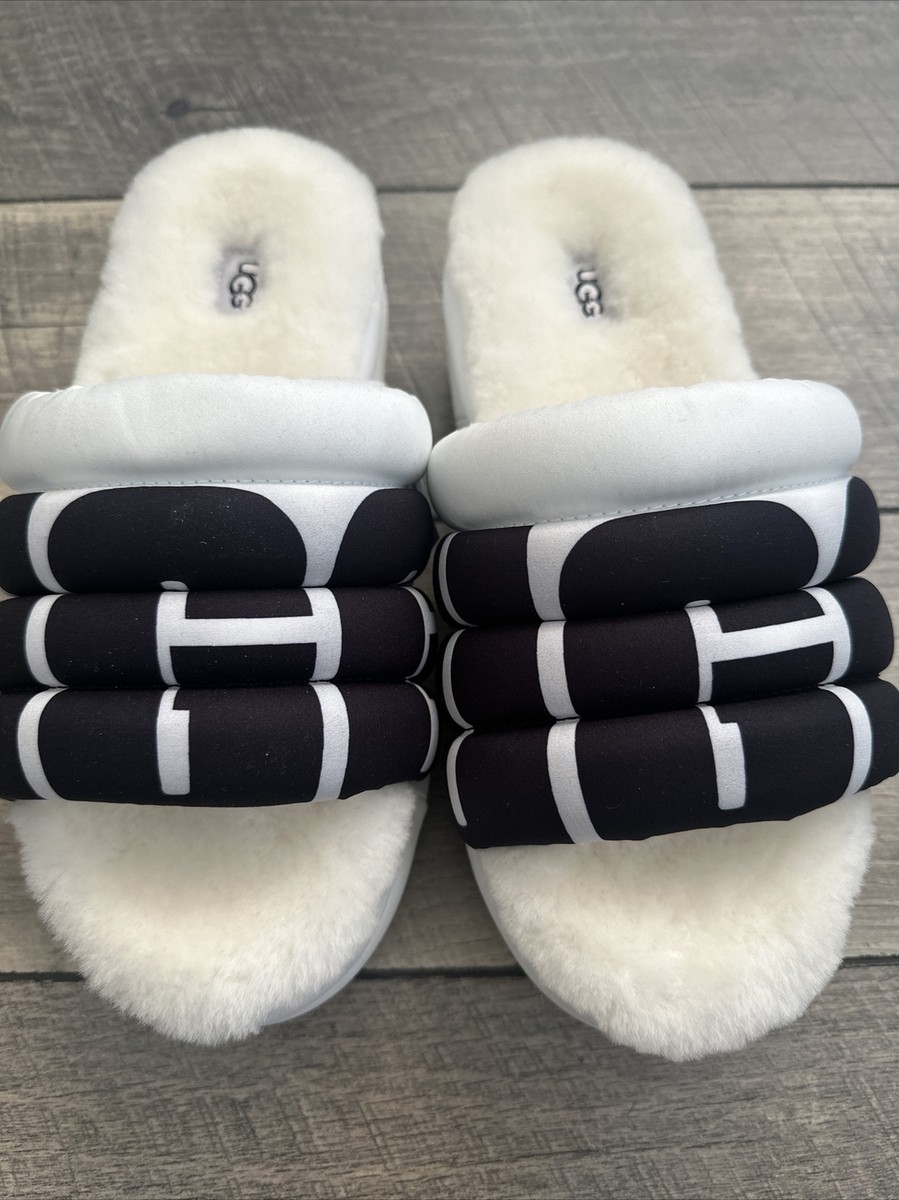 UGG Maxi Slide Logo White Black Logo Padded Sheepskin UGG Maxi Slide Logo White Black Logo Padded Sheepskin