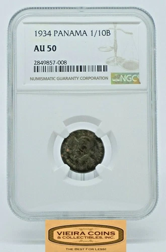 1934 Panama Silver 1/10 Balboa, NGC AU 50, Hard to Find - #B20619