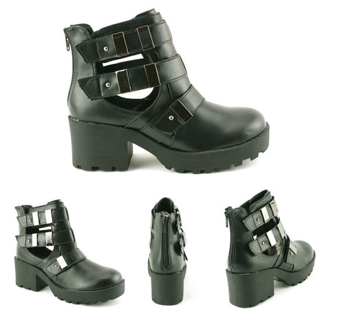 BOTAS CON CREMALLERA DE CUERO SINTÉTICO AL TOBILLO TACÓN BLOQUE DAMAS MUJERES ZAPATOS £5 TALLA NUEVAS - Imagen 8 de 8