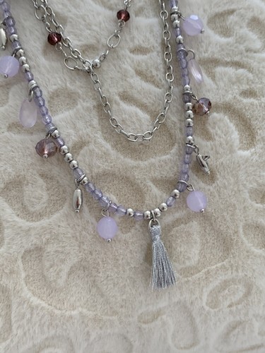 NWOT Long Silver Chain Necklace, Silver Tassles and Chain Beads Purple Brown - Picture 3 of 6