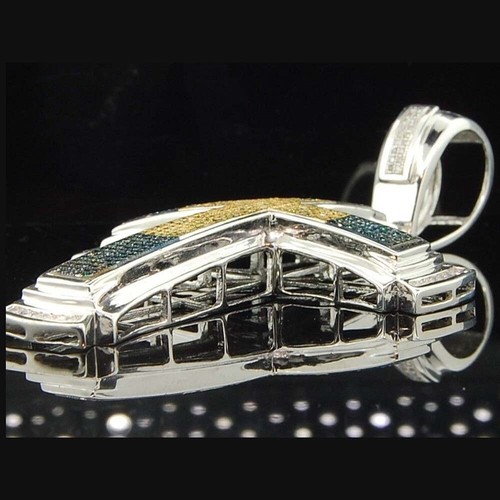 1.51 Ctw Yellow & Blue Diamond 14K White Gold Plated Cross Men's Pendant 2.30" - Picture 6 of 14