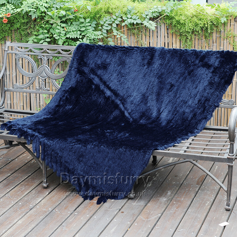 Knit Rabbit Fur Blanket Throw With Tassels 45"x 75", Real Fur Blanket