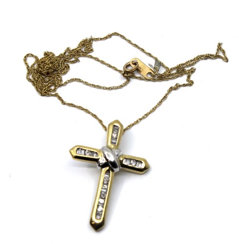 10k Solid Yellow Gold Baguette Diamond Cross Pendant Necklace 18"in Long - Picture 6 of 12