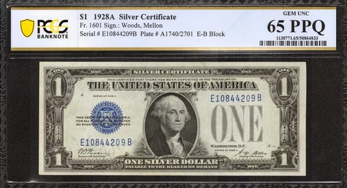 1928 A $1 SILVER CERTIFICATE FR.1601 WOODS MELLON E-B BLOCK PCGS 65 PPQ (209B)