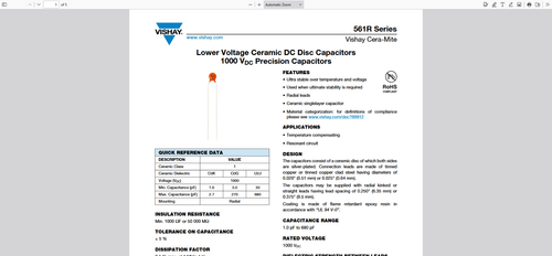 CANTIDAD (50) CONDENSADORES DE DISCO CERÁMICO 10pf 1000V 1KV NPO 561R10TCCQ10 VISHAY-CERAMITA - Imagen 3 de 3
