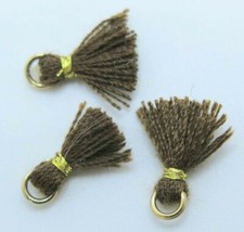 Brown Tassels Mini Cotton Jewelry Tassel with Gold Binding Jump Ring 3pcs 10mm