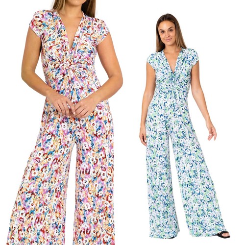 Mono Palazzo Floral De Manga Corta Con Cuello En V Para Mujer APPST2