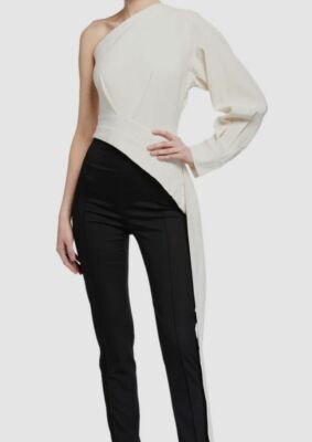 $1695 Brandon Maxwell Women's Ivory One-Shoulder Draped Sash Blouse Top Size 10