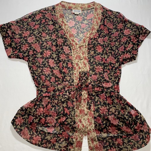 Converse One Star Shirt Women Small Red Sheer Floral Ruffle Belted Trendy Blouse