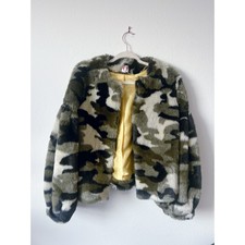 Shrimps Faux Fur Camo Rhinestone Short Coat Jacket S Balloon Sleeves