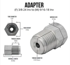3/16" Tube/ line adapter 9/16-18 male 3/8-24 female, Stainless Steel adapter