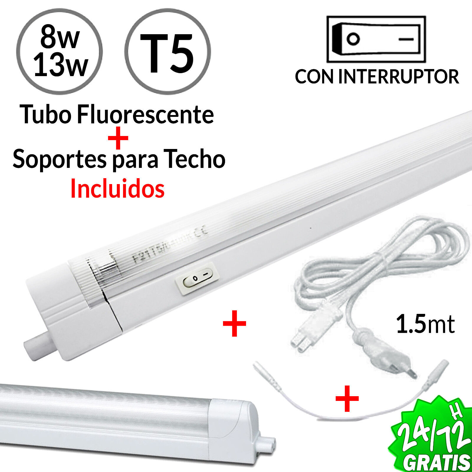 TUBO FLUORESCENTE T5 EN REGLETA ULTRAFINA BLANCO 8w 13w 21w INTERRUPTOR BOMBILLA