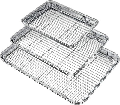 Wildone Baking Sheet with Rack Set (3 Pans + 3 Racks), Stainless Steel Baking Pa