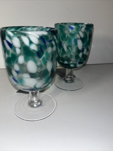 Set Of 2 New Confetti Goblet Wine Glasses Hand Blown Recycled Art Glass Mexico - Picture 5 of 6