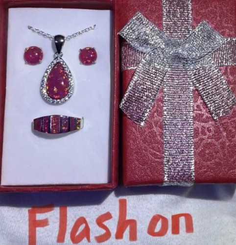 Dazzling Cherry Red Fire Opal CZ Pear Necklace, Earrings, & Ring Size 7 Set - Picture 7 of 8