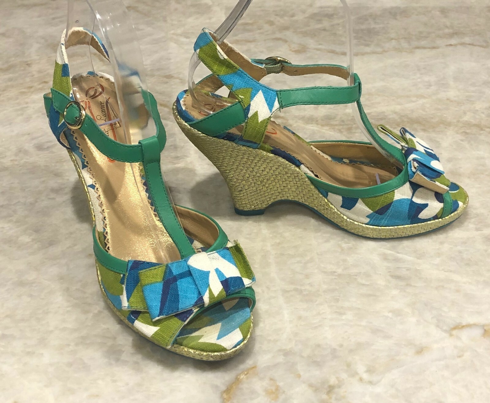 Poetic Licence London T Strap Bow Metallic Wedge Heels Sandals Shoe Size 39 US 8