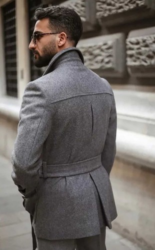 Herren Grauer Langer Mantel Custom Kurz Winter Jacke Hüftgürtel Knopf Freizeit - Bild 4 von 9
