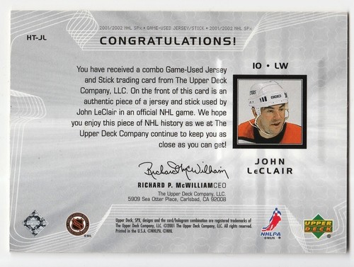 John LeClair 2001-02 SPx Hockey Treasures Jersey Stick Dual Relic #HT-JL Flyers - Picture 2 of 2
