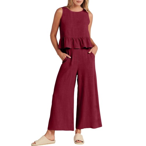 Women Summer 2 Piece Outfits Sleeveless Tank Button Back Tops Wide Leg Pants Set - Picture 35 of 58