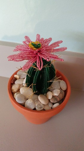 Handmade french beaded Flower Cactus Cacti plant with pink flower in Clay pot - Picture 2 of 2