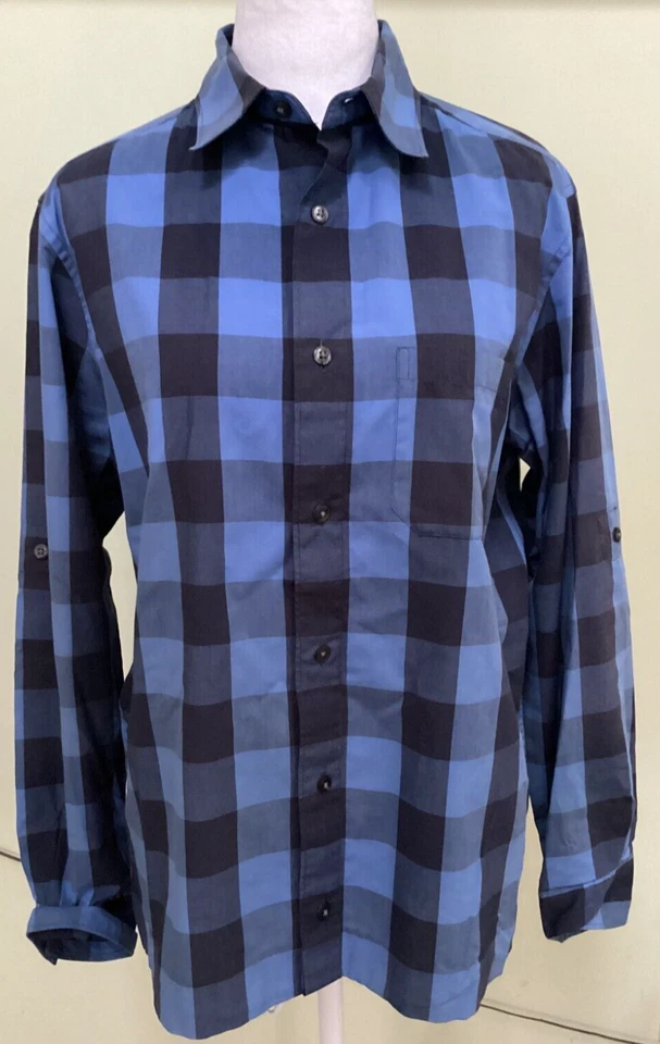 Spring + Mercer Men's Blue & Black Plaid Roll Tab Long Sleeve Casual Shirt Small - Image 2 of 4
