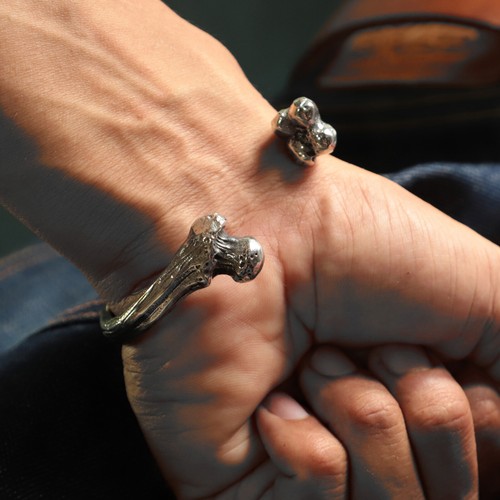 bone Biker Bangle sterling silver 925 handmade Skull Gothic punk heavy metal men - Picture 2 of 14