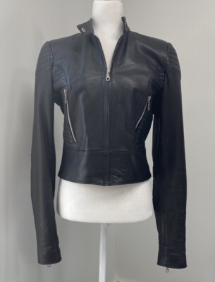 D un Caprice Cuir Peaux Black Leather Moto Jacket Made In France Women s L