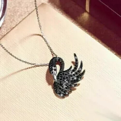 2.45 Ct Round Simulated Black Diamond Swan Charm Pendant 14k White Gold Plated - Picture 3 of 8