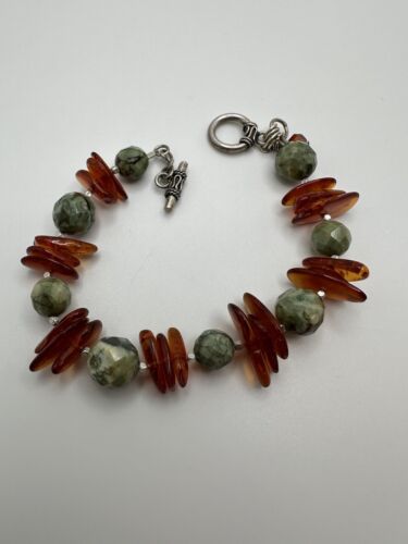 Vintage grüne Jade und baltischer Bernstein Sterlingsilber Halsreif Armband 8" BrB1