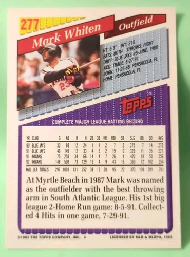 1993 Topps Mark Whiten #277 - Cleveland Indians - Picture 2 of 2