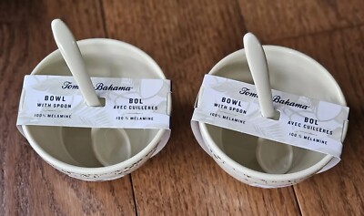 NEW! Set Of 2 Tommy Bahama Off White Melamine Crackle Bowl With Spoon Salsa Dip