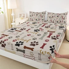 Dog Paw Print Fitted Sheet Full Size,Bone Pattern Bedding Set 3pcs for Kids T...